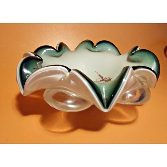 Vintage  Murano  Art Glass Bowl 7" x 7" Green, White, Clear - Picture 2 of 15